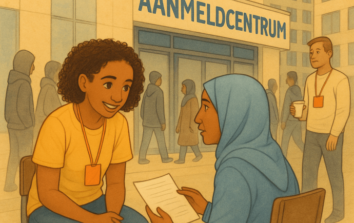 Illustratie van vrijwilliger van Startpunt in gesprek met een bezoeker