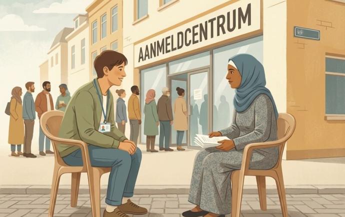 Illustratie van gesprek en ondersteuning aan het aanmeldcentrum